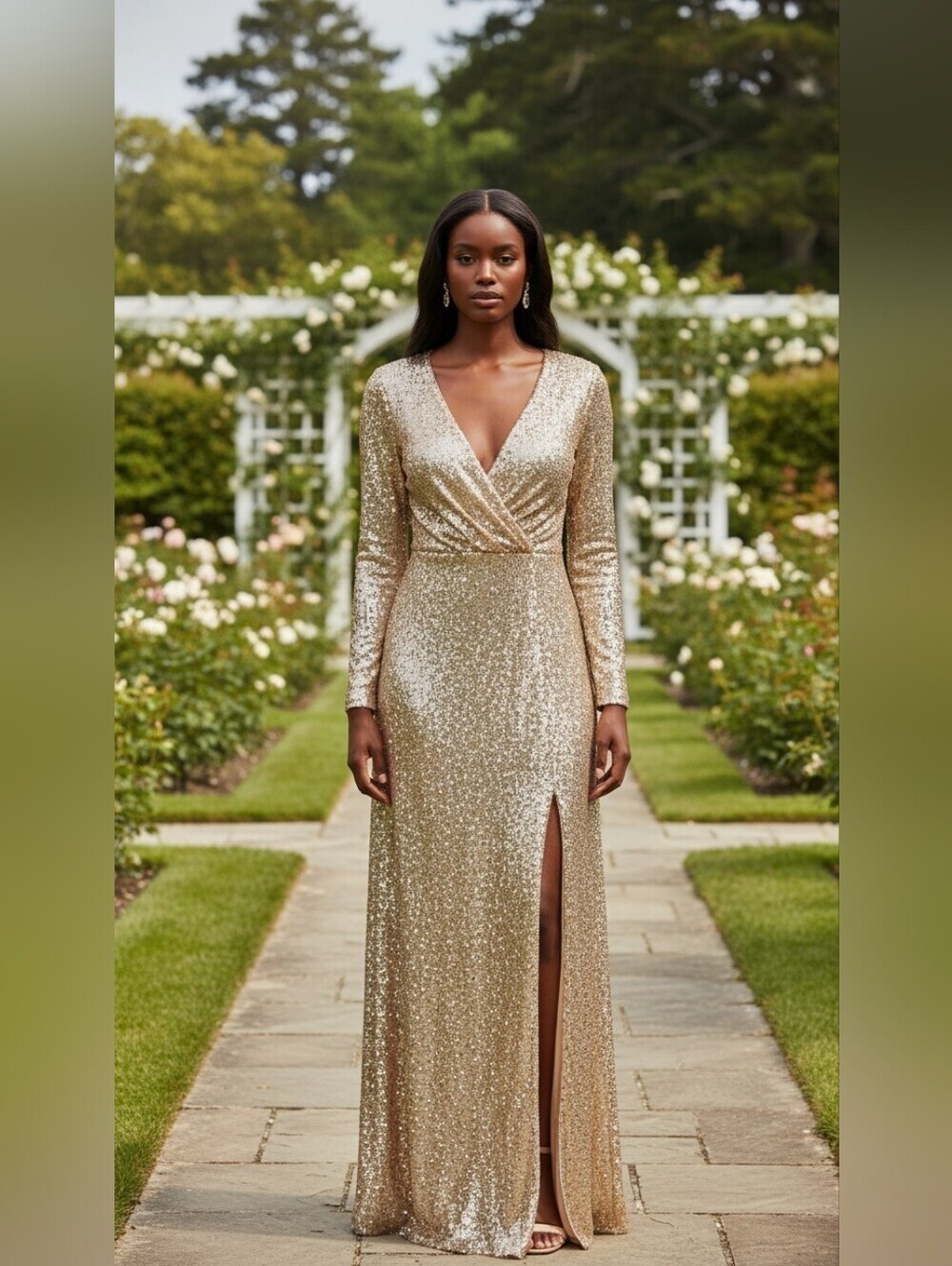 NWT Ever Pretty Gold Sequin V-Neck Maxi Gown Long Sleeve Formal Plus Size 20